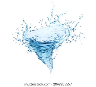 Transparent blue water whirlwind, tornado, twister or splash. Vector water swirl with drops, liquid splashing dynamic motion, tornado with spray droplets, isolated realistic 3d pure whirl