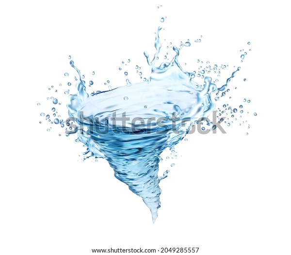 Transparent blue water whirlwind, tornado, twister\
or splash. Vector water swirl with drops, liquid splashing dynamic\
motion, tornado with spray droplets, isolated realistic 3d pure\
whirl