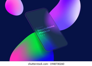 Transparent and blurred smarthone mockup in glass morphism or glassmorphism style. Abstract shapes on background with liquid effect.