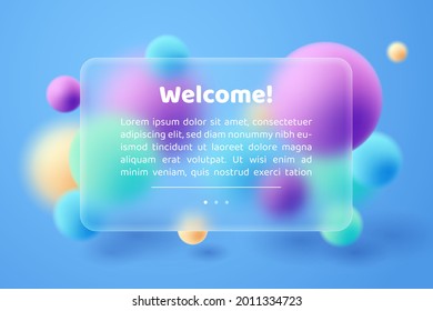 Transparent board. Frosted glass banner with abstract colorful 3d ball, vector EPS10.