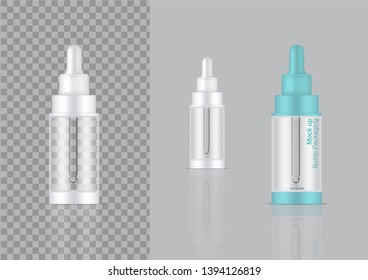 Transparent Bottle. 3D Mock up Realistic Dropper Cosmetic or Oil Serum for Skincare Product Packaging With Blue and Cap on  Background Illustration