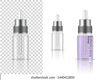 Transparent Bottle. 3D Mock up Realistic Dropper Cosmetic, Oil Serum, perfume for Skincare Product Health Care Packaging and Science With metallic Cap on  Background Illustration