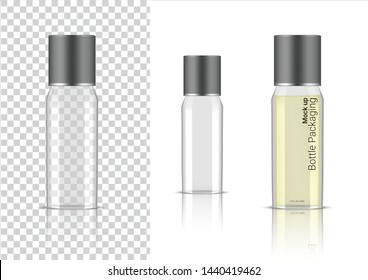 Frasco transparente. 3D Montaje Cosmético Realista, Sérico de Aceite, Perfume para el Cuidado de la Piel Embalaje de Atención Médica y Ciencia con Límite Metálico en Fondo Ilustración