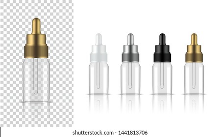Transparent Bottle. 3D Mock up Realistic Dropper Cosmetic, Oil Serum, perfume for Skincare Product Health Care Packaging and Science With metallic, White, Black and Gold Cap Background Illustration