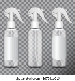 Transparent bottle with atomizer. Mock up bottle medical vial, flask, flacon with different labels. For your design