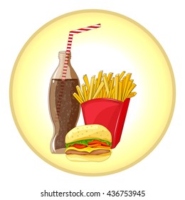 Transparent bottle with a dark fizzy beverage and drinking straw. French fries in a red cardboard box. Sandwich with bread, meat, tomato, cheese, salad. Vector. Cartoon style. Fast food products.