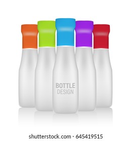 Transparent bottle design with colorful lids. Vector illustration.