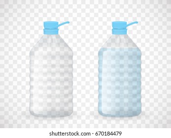 Transparent bottle: empty and full of water. Realistic vector illustration.
