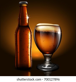 A transparent bottle and glass  of beer with droplets of moisture is reflected on the surface of the table. Highly realistic illustration.
