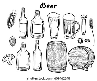 Transparent bottle, glass and mug of beer with foam and bubbles, caps and opener, wooden barrels with tap, hop cones and leaves. Hand drawn isolated illustration set with the inscription