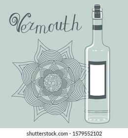 Transparent bottle with a label and a cork on a gray isolated background with the inscription Vermouth and an abstract flower, vector clip art