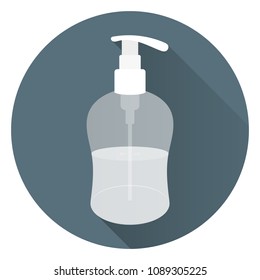 Transparent bottle of liquid soap or body cream. Foam for a bath. On round grey background with shadow. Flat style, icon. 10 eps