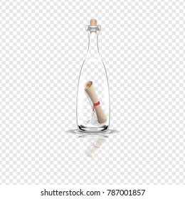 Transparent bottle with a message, scroll and cork. Vector illustration