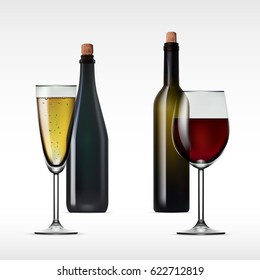 Transparent Bottle With Red Wine And Champagne. EPS10 Vector