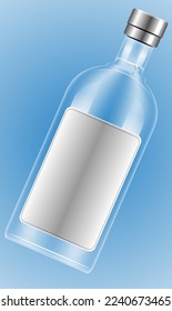 transparent bottle of strong alcohol on a blue background