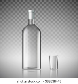 Transparent Bottle Of Vodka And A Glass. Stock Vector Illustration.