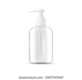 Transparent bottle with white pump for foam soap isolated on white background. Packaging mock up.