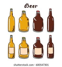 Transparent bottles of cold fresh dark and light beer with foam and bubbles closed with a cap. Hand drawn isolated illustration with the inscription on a white background