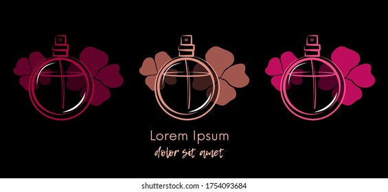 Frascos transparentes de perfume sobre fondo oscuro vector de plantilla