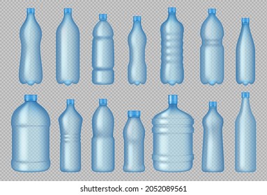 Transparent bottles. Realistic plastic containers for liquid products empty clean bottles for beverages decent vector illustrations set isolated