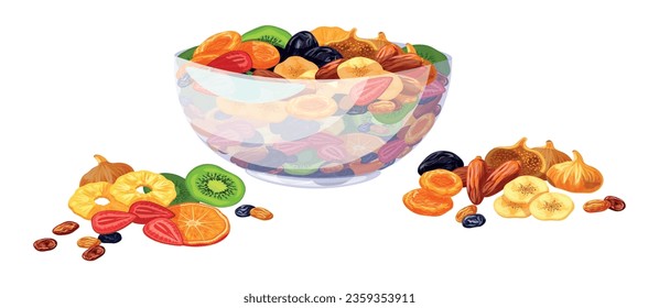 
Cuenco transparente con deliciosas frutas secas al estilo de las caricaturas. Ilustración vectorial de diversos frutos secos: kiwi, piña, naranja, fresa, plátano, albaricoques secos, ciruelas, dátiles, pasas, higos.