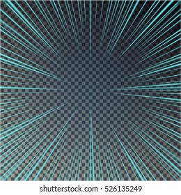 Transparent bright sun shines on a checkered background. Magic blue Rays. Vector speed illustration with lens flare effect. Starburst fast move