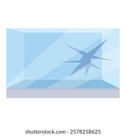 Transparent broken glass window with a star shaped crack reflecting the blue sky, concept of vandalism or accident