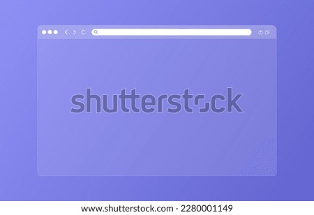 Transparent browser window on blue and violet background. Window internet browser with toolbar and search bar. Blank screen website mockup. Template design for ui, ux, app. Vector illustration