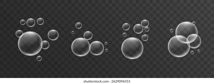 Transparent bubble set. Realistic glossy collagen serum drops. Hydrating skincare essence with vitamins. Cosmetic liquid spheres for beauty ads.