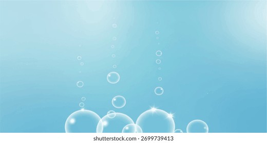 Bolhas transparentes ascendem em um ambiente azul sereno, sugerindo pureza e leveza.