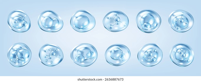 Transparent bubbles containing collagen molecules realistic color icons set. Skincare scientific research 3d objects bundle on blue