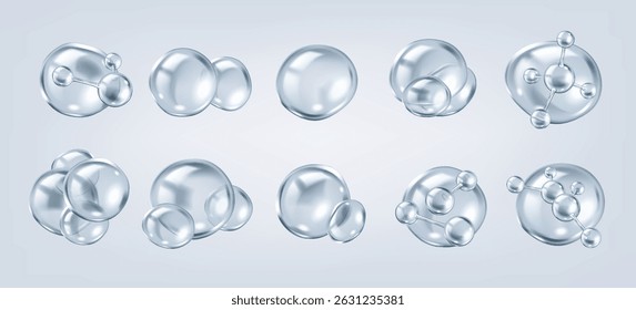 Transparent bubbles featuring collagen molecules realistic color icons set. Cosmetics skincare and anti-aging 3d objects bundle on grey