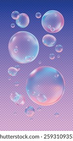 Transparent bubbles floating against a gradient background. Soft, colorful bubbles with a delicate, airy appearance. Bubbles create a whimsical, dreamy effect. Soap bubble element vector set.