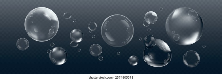 Transparent bubbles floating on a dark background. Bubbles vary in size, creating a dynamic and airy effect. Bubbles add a sense of lightness and playfulness. Soap bubble element vector set.