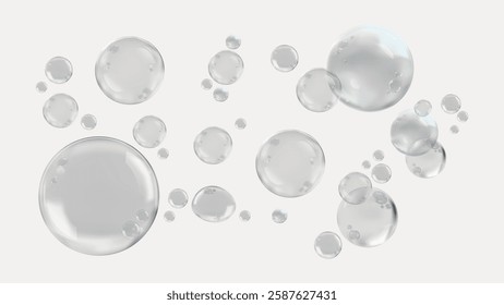 Transparent bubbles floating on a white background. Bubbles vary in size, creating a playful and airy atmosphere. Clear bubbles add a whimsical touch. Soap bubble element vector set.