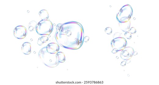 Transparent bubbles with iridescent hues drift in the air on a white background. The light reflections give them a dreamy, magical appearance, perfect for backgrounds or designs.