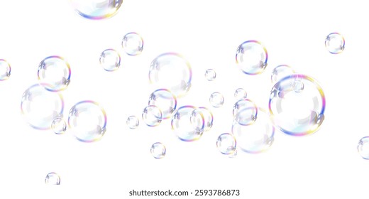 Transparent bubbles with iridescent hues drift in the air on a white background. The light reflections give them a dreamy, magical appearance, perfect for backgrounds or designs.