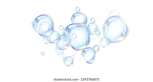 Transparent bubbles with iridescent hues drift in the air on a white background. The light reflections give them a dreamy, magical appearance, perfect for backgrounds or designs.