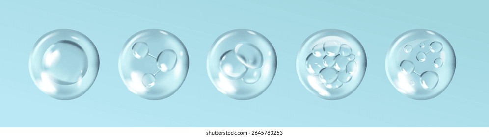 Bolhas transparentes com moléculas no interior. Conjunto de gotas de líquido com moléculas de colágeno e componentes ativos de produtos cosméticos. Essência para cuidados com a pele. Coleção de ilustrações de vetores 3D realistas