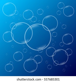 Transparent bubbles on blue background, vector illustration