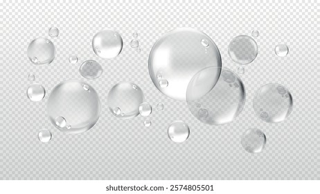 Transparent bubbles on a checkered background. Bubbles of various sizes. Clear bubbles floating. Transparent and shiny bubbles. Checkered backdrop. Soap bubble element vector set.