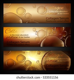Transparent bubbles on the radiant bronze background. Beautiful vector charmaceutical  illustration in realistic premium style. Cosmetic medicine, skin care or perfumery digital banner.