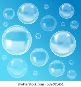 Transparent Bubbles with Reflection on Blue Background. Web Design Element Vector illustration