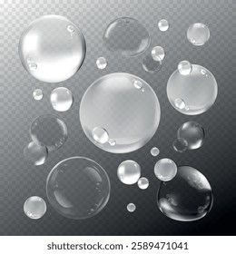 Transparent bubbles of various sizes on a checkered background. Floating bubbles create a light, airy feel. Perfect for designs needing bubbles or transparency. Soap bubble element vector set.