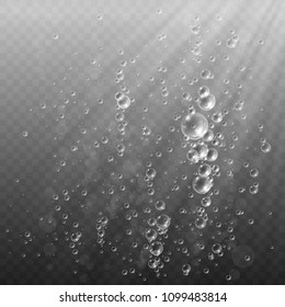 Transparent Bubbles in water. Deep water bubbles illuminated by rays of light on a transparent dark background. Fizzy sparkles in water. Vector illustration.