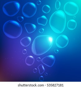 transparent bubbles in water on blue background . Circle and liquid, light design, clear soapy shiny, vector illustration
