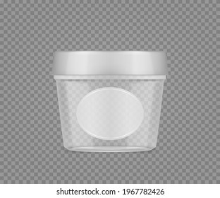 Transparent bucket mockup with label for mayonnaise, cheese, ice cream, yogurt. Empty plastic package design. Blank beauty or food product container template. 3d vector illustration