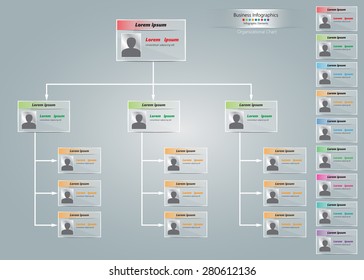 Transparent Business Card Organizational Chart Infographic,  Multiple Color, Business Structure Concept, Business Flowchart Work Process, Vector Illustration.