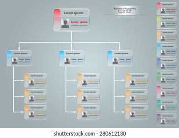 Transparent Business Cards Organizational Chart Infographic,  Multiple Color, Business Structure Concept, Business Flowchart Work Process, Vector Illustration.