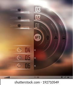 Transparent business Infographics, plat elements. Shadows options, diagram on blur landscape can be used for workflow layout, banner, step up options,  number options,  web template